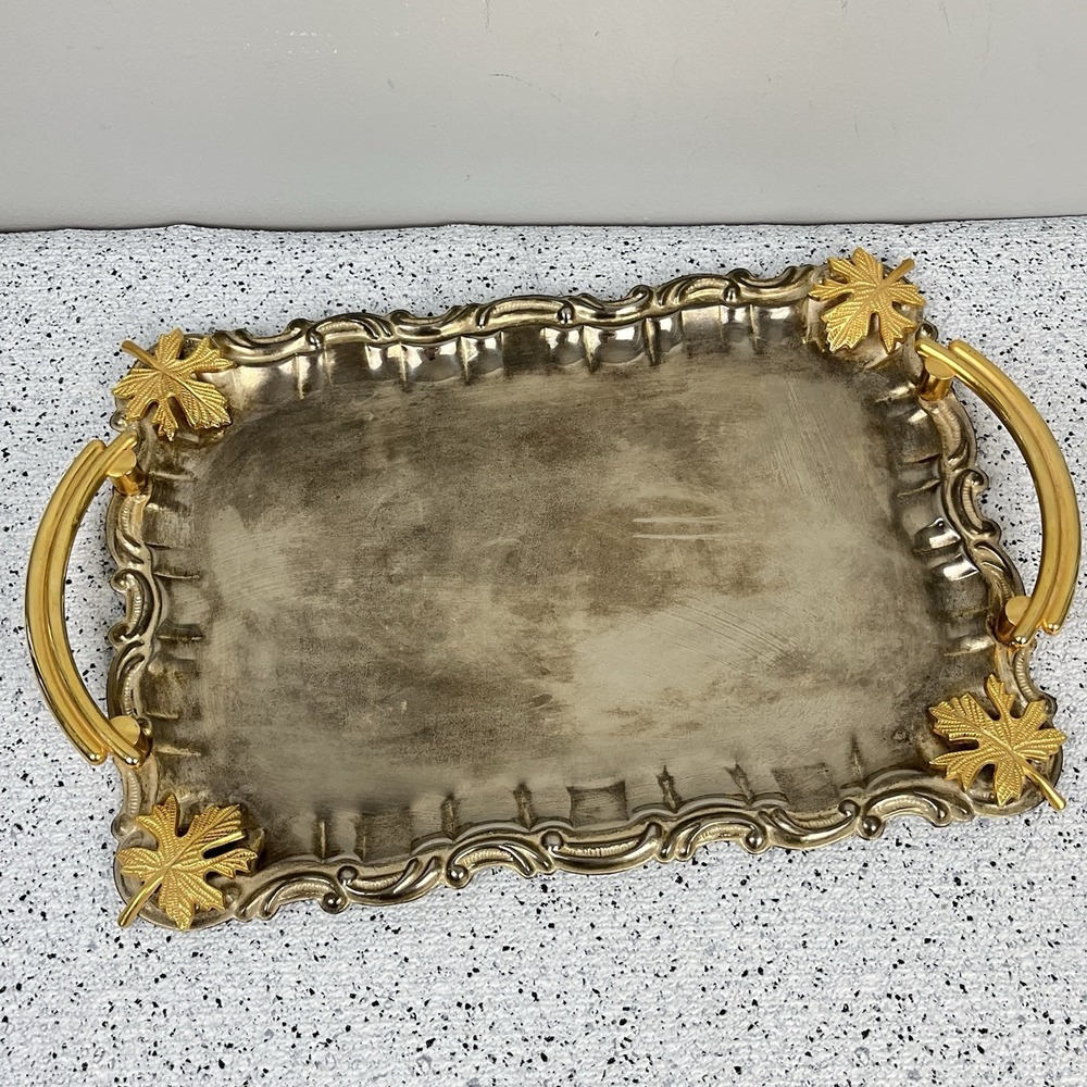 Vintage Metal Serving Tray Gold Tone Handles Maple Leaf Ornate Barware